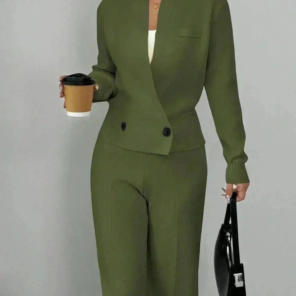 Green Elegant Women's Loose Long Sleeve Crew Neck  Knit Sweater & Suit Pants Set - Picture 6 of 8
